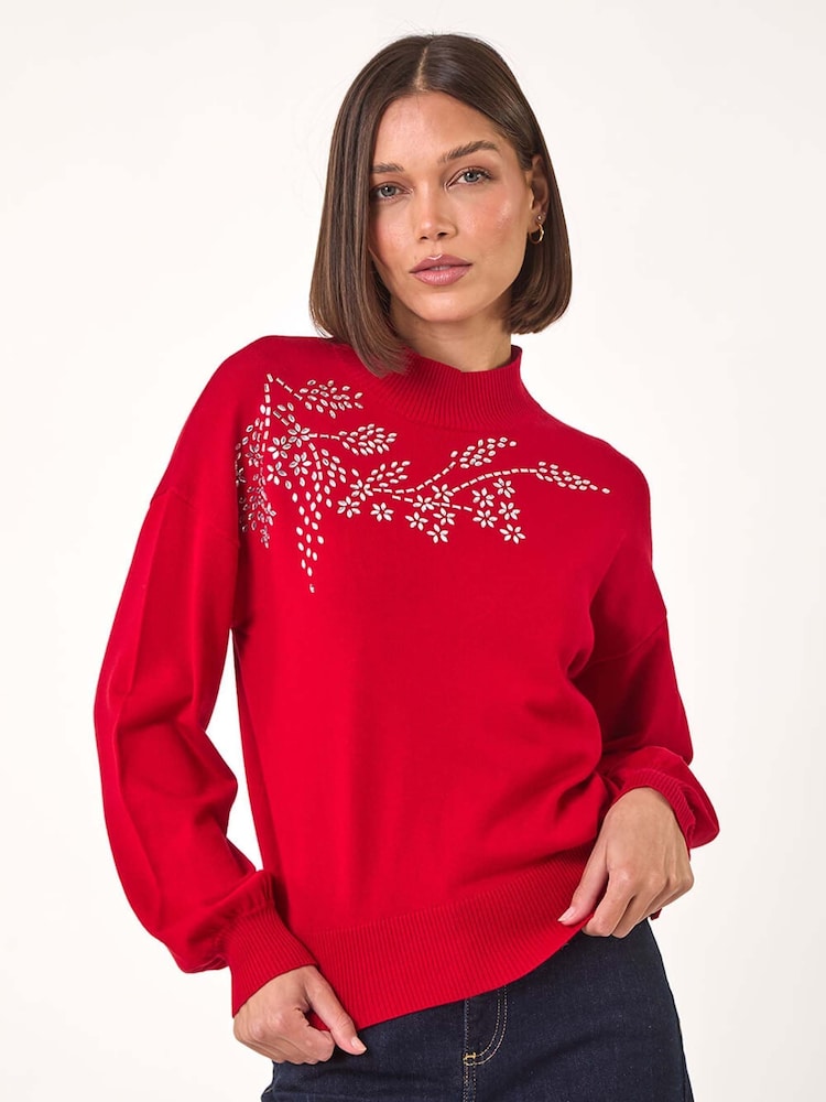 Roman Red Floral Print Hotfix Detail Knit Jumper - Image 1 of 5
