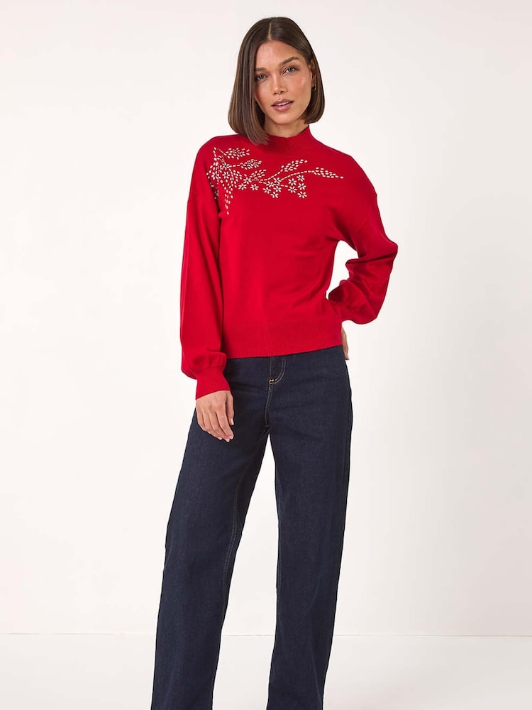 Roman Red Floral Print Hotfix Detail Knit Jumper - Image 2 of 5