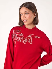 Roman Red Floral Print Hotfix Detail Knit Jumper - Image 4 of 5