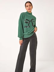 Roman Green Festive Sequin Bow Knit Christmas Jumper - Image 2 of 5
