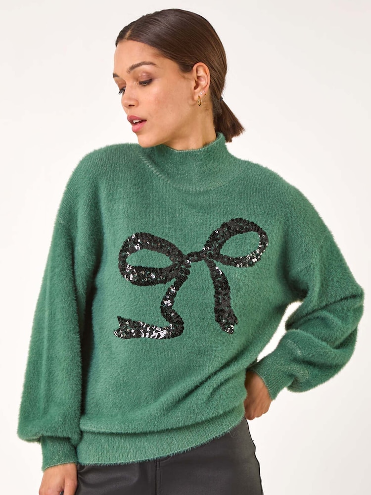 Roman Green Festive Sequin Bow Knit Christmas Jumper - Image 4 of 5