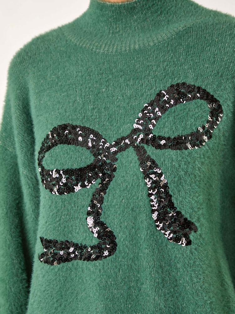 Roman Green Festive Sequin Bow Knit Christmas Jumper - Image 5 of 5
