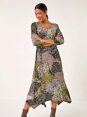 Roman Green Animal Print Hanky Hem Midi Dress - Image 1 of 5