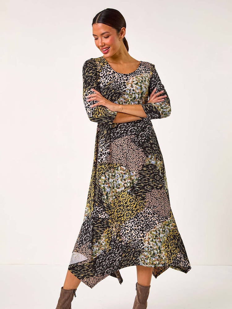 Roman Green Animal Print Hanky Hem Midi Dress - Image 1 of 5
