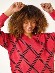 Roman Red Check Patterned V-Neck Knit Jumper - Image 1 of 5