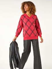 Roman Red Check Patterned V-Neck Knit Jumper - Image 2 of 5