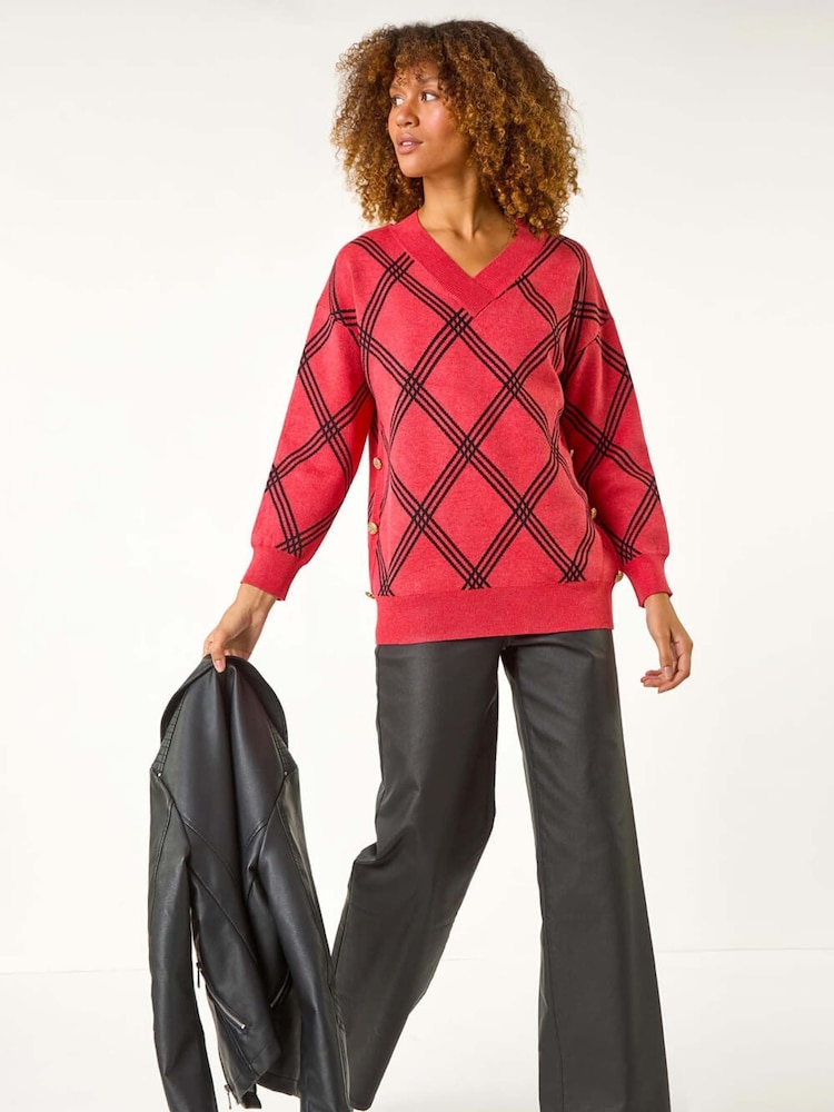 Roman Red Check Patterned V-Neck Knit Jumper - Image 2 of 5