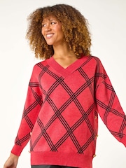 Roman Red Check Patterned V-Neck Knit Jumper - Image 4 of 5