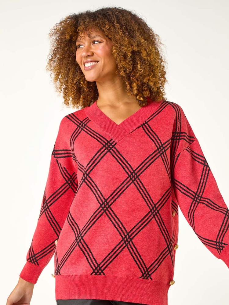 Roman Red Check Patterned V-Neck Knit Jumper - Image 4 of 5