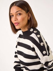 Roman Black Button Shoulder Detail Stripe Knit Jumper - Image 1 of 5