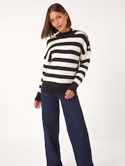 Roman Black Button Shoulder Detail Stripe Knit Jumper - Image 2 of 5