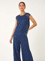 Roman Blue Corded Lace Overlay Jumpsuit - Image 1 of 5