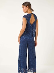Roman Blue Corded Lace Overlay Jumpsuit - Image 2 of 5