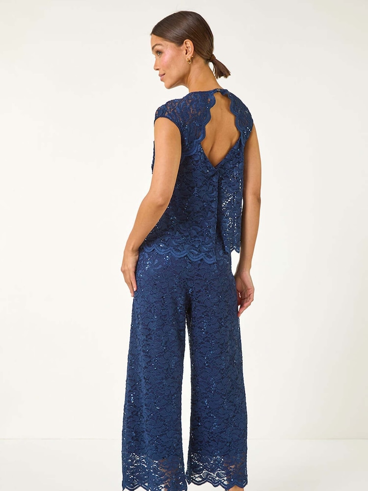 Roman Blue Corded Lace Overlay Jumpsuit - Image 2 of 5