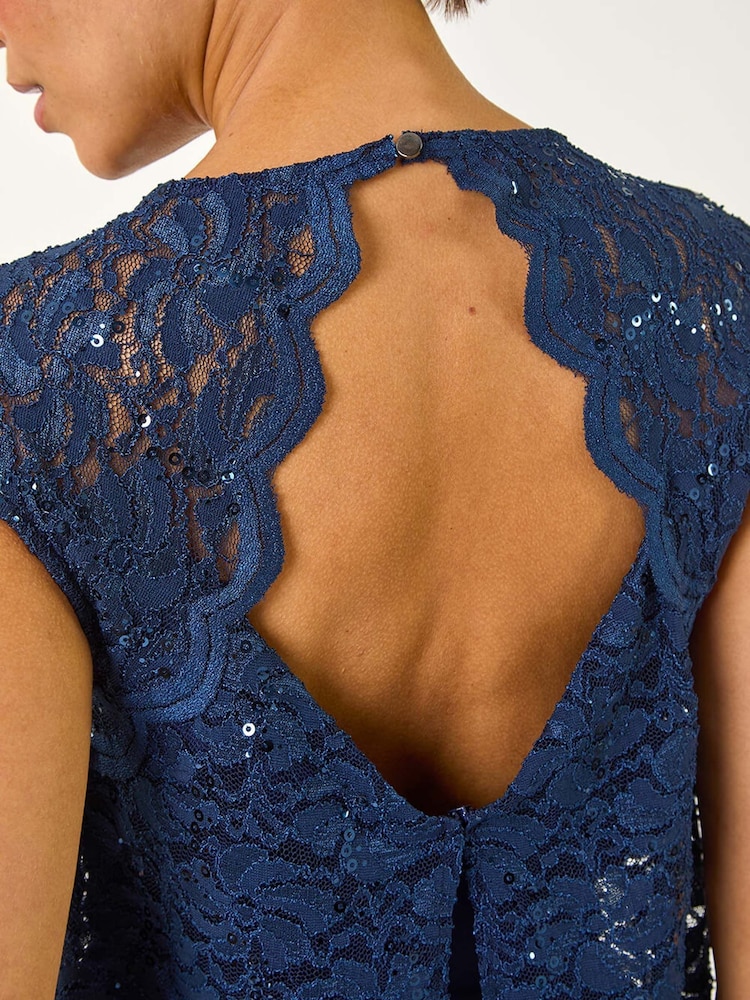 Roman Blue Corded Lace Overlay Jumpsuit - Image 5 of 5