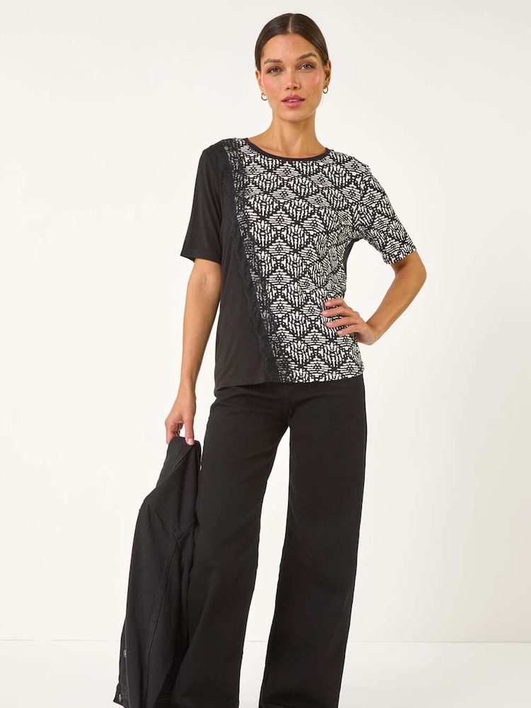Roman Contrast Print Lace Trim Top - Imagen 2 de 5