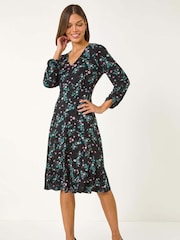 Roman Black Floral Print Button Tea Stretch Dress - Image 1 of 5
