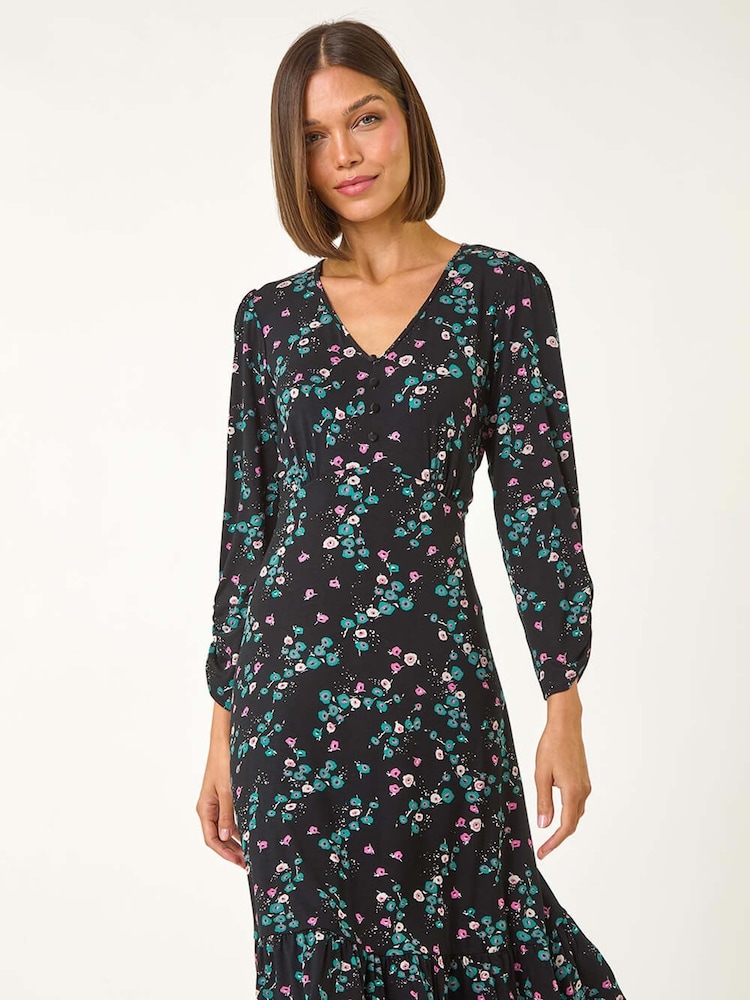 Roman Black Floral Print Button Tea Stretch Dress - Image 2 of 5