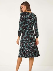 Roman Black Floral Print Button Tea Stretch Dress - Image 3 of 5