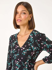 Roman Black Floral Print Button Tea Stretch Dress - Image 4 of 5