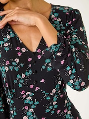 Roman Black Floral Print Button Tea Stretch Dress - Image 5 of 5