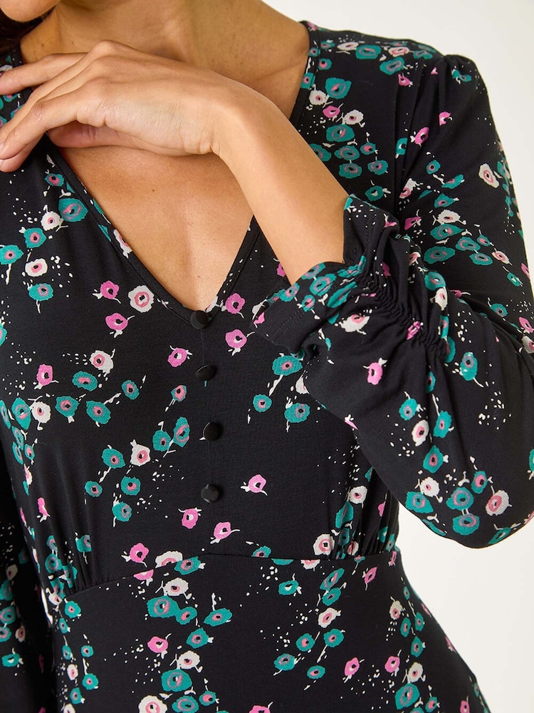 Roman Black Floral Print Button Tea Stretch Dress - Image 5 of 5