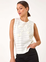 Roman White Floral Print Knit Top - Image 4 of 5