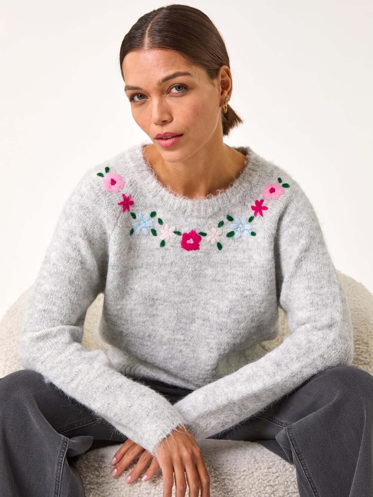 Roman Grey Floral Embroidered Knit Jumper - Image 1 of 5 Roman Grey Floral Embroidered Knit Jumper - Image 1 of 5