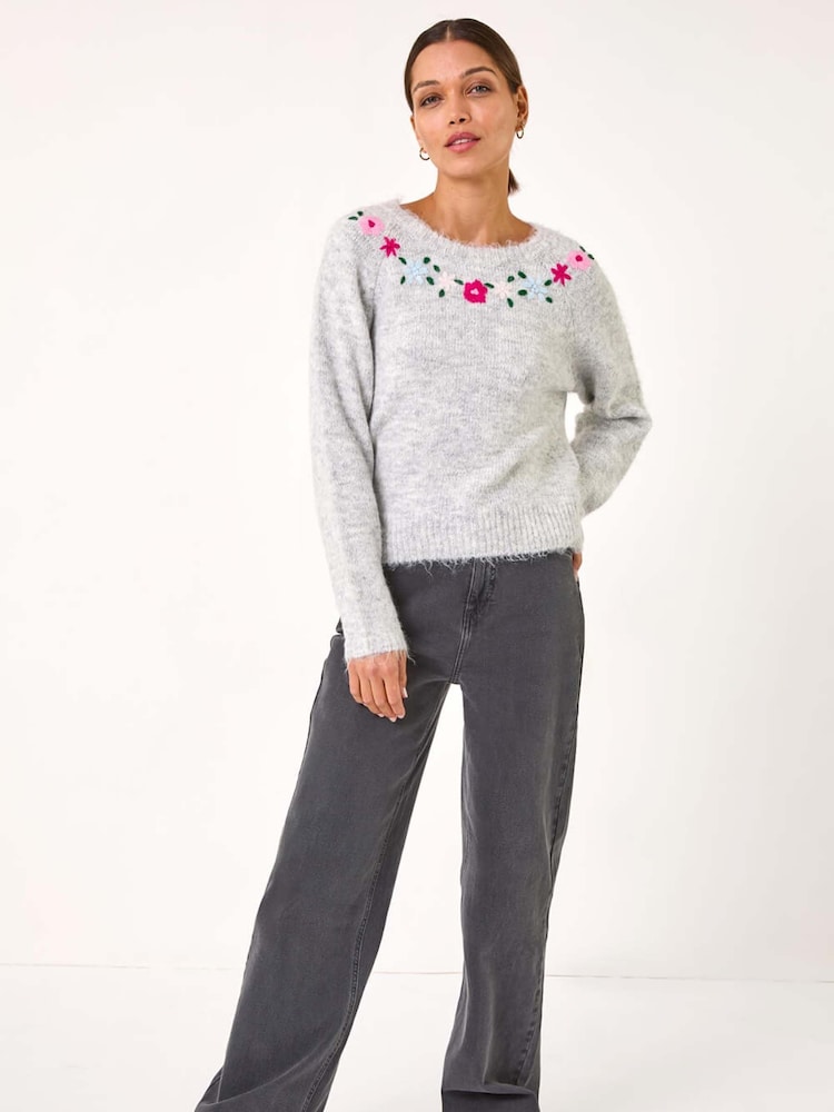 Roman Grey Floral Embroidered Knit Jumper - Image 2 of 5 Roman Grey Floral Embroidered Knit Jumper - Image 2 of 5