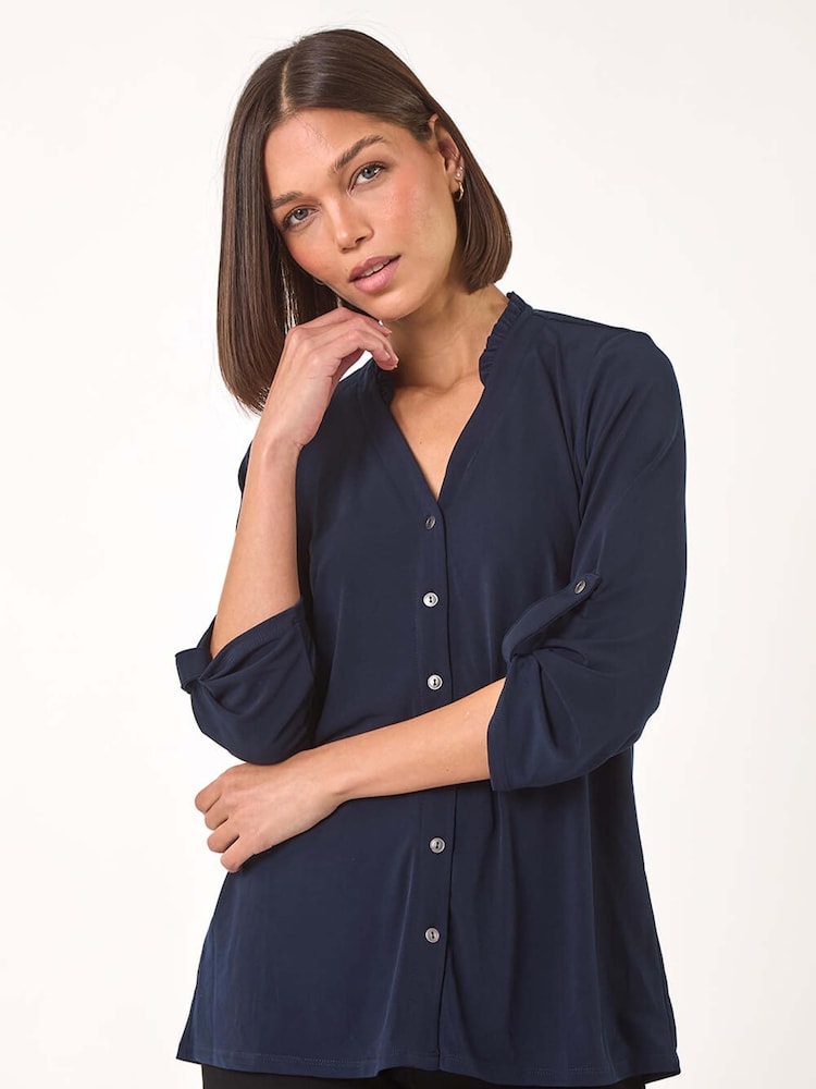 Azul - Blusa de punto con volantes en el cuello de Roman - Imagen 1 de 3 Azul - Blusa de punto con volantes en el cuello de Roman - Imagen 1 de 3