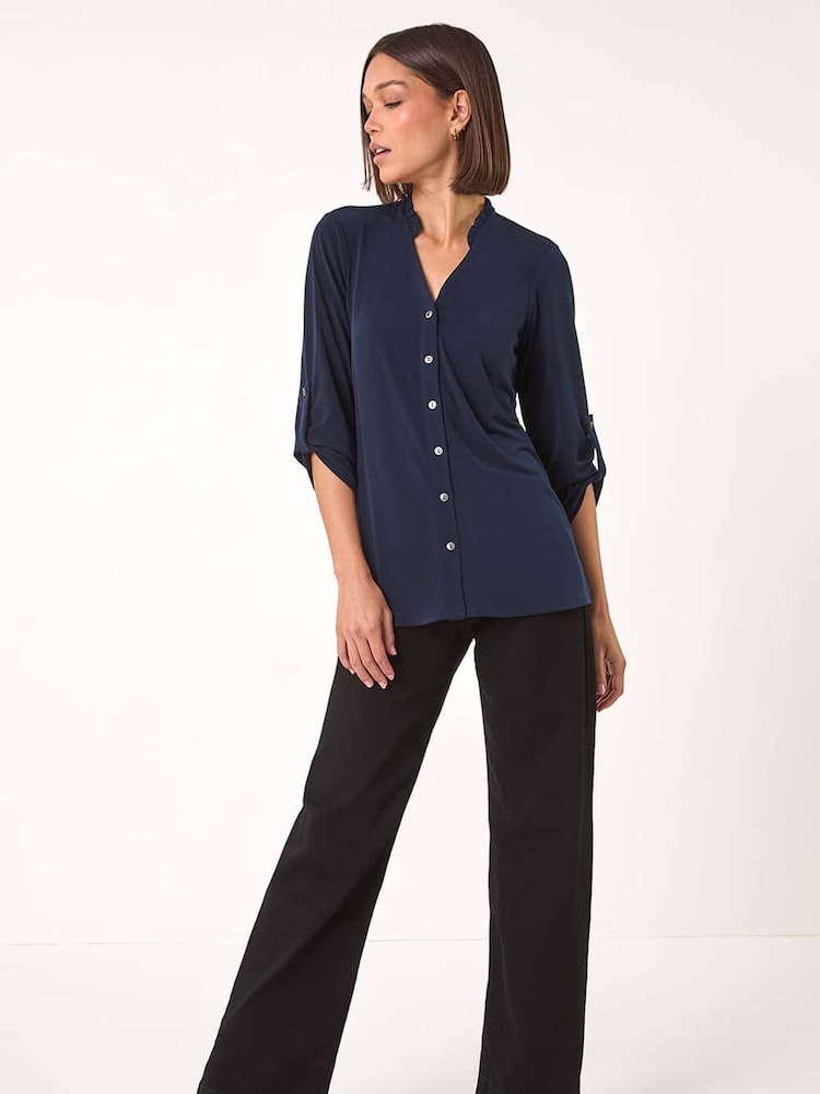Azul - Blusa de punto con volantes en el cuello de Roman - Imagen 2 de 3 Azul - Blusa de punto con volantes en el cuello de Roman - Imagen 2 de 3