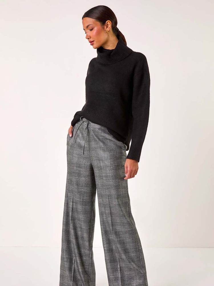 Roman Grey Check Print Tie Front Wide Leg Trousers - Image 1 of 5