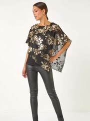 Roman Metallic Floral Foil Asymmetric Overlay Top - Image 2 of 5