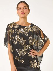 Roman Metallic Floral Foil Asymmetric Overlay Top - Image 4 of 5