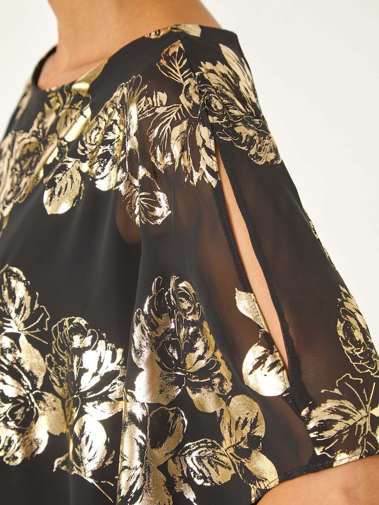 Roman Metallic Floral Foil Asymmetric Overlay Top - Image 5 of 5