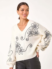 Roman White Contrast Swirl Floral Knit Jumper - Image 1 of 5