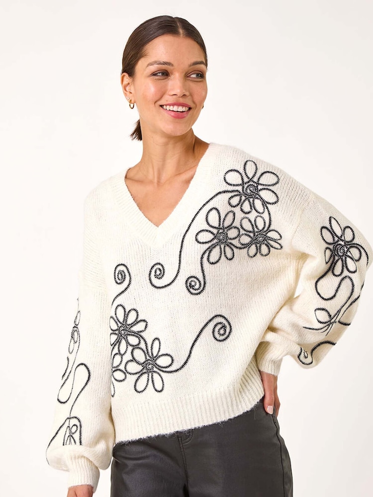 Roman White Contrast Swirl Floral Knit Jumper - Image 1 of 5 Roman White Contrast Swirl Floral Knit Jumper - Image 1 of 5