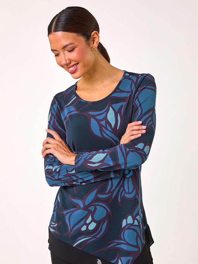 Roman Blue Floral Print Chiffon Hem Top - Image 1 of 5 Roman Blue Floral Print Chiffon Hem Top - Image 1 of 5