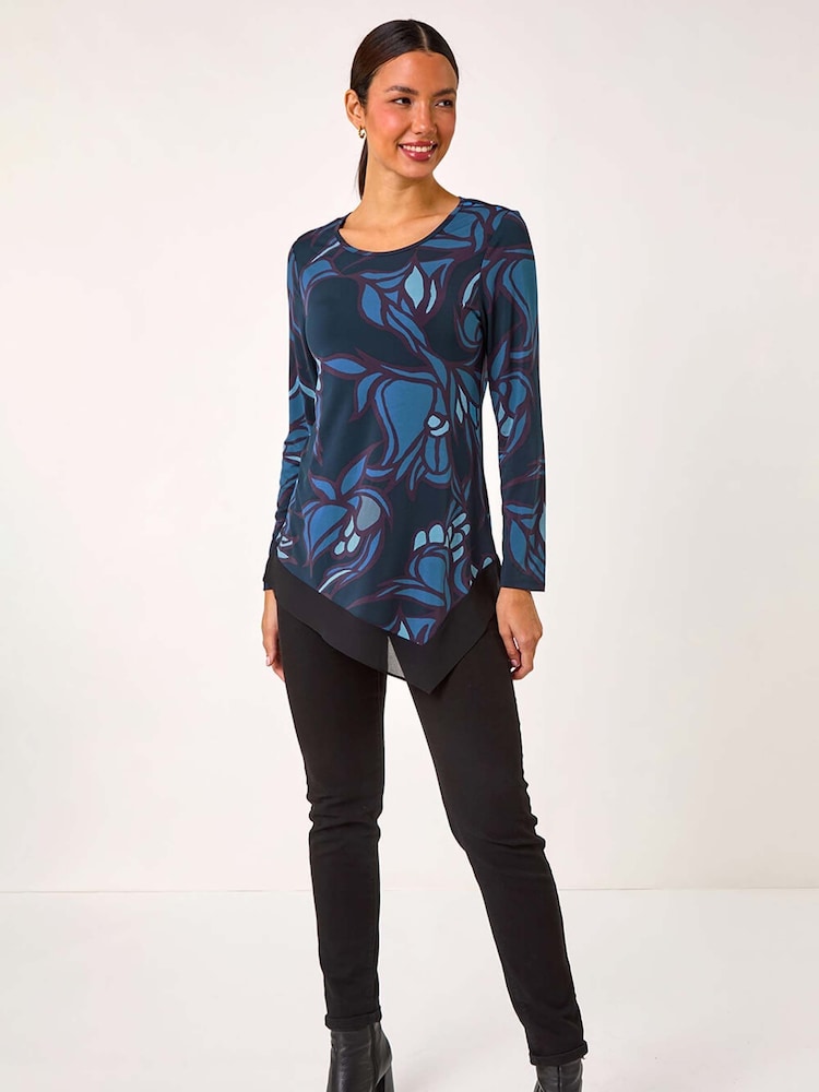 Roman Blue Floral Print Chiffon Hem Top - Image 2 of 5 Roman Blue Floral Print Chiffon Hem Top - Image 2 of 5