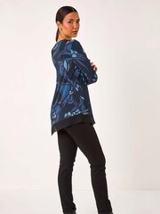 Roman Blue Floral Print Chiffon Hem Top - Image 3 of 5