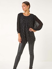 Roman Black Pleated Sleeve Hotfix Detail Top - Image 1 of 5