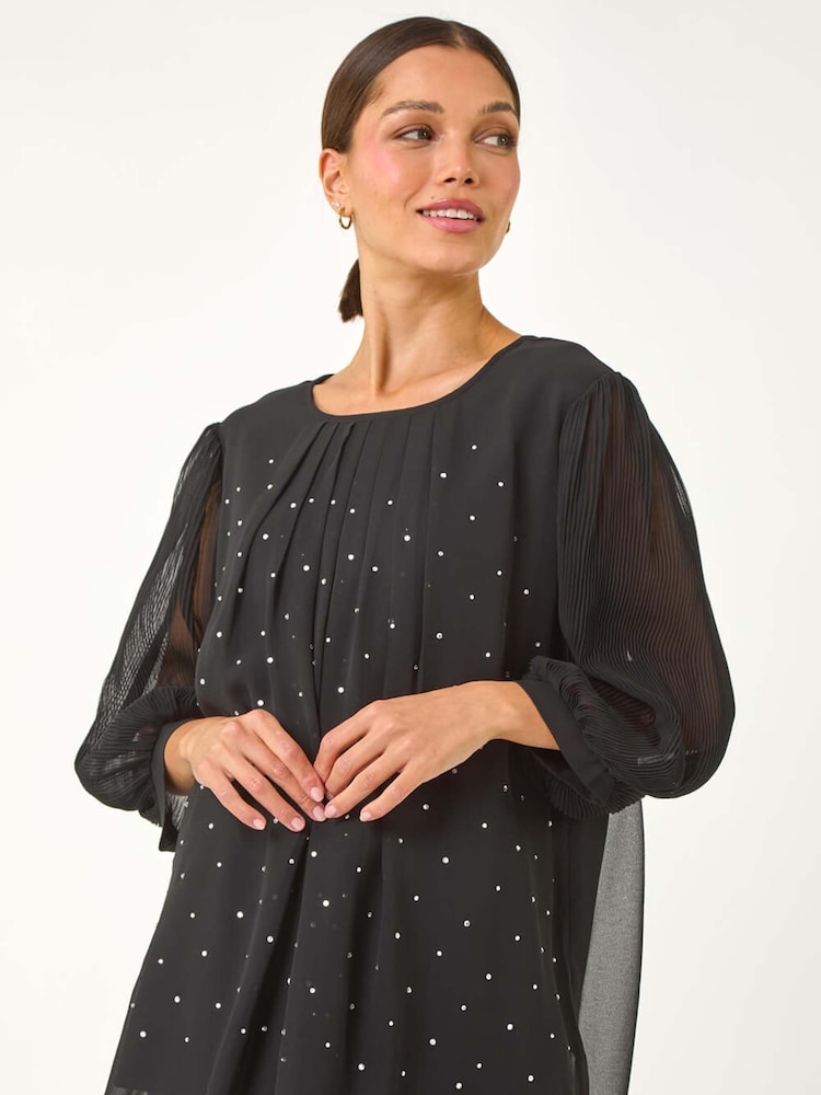 Roman Black Pleated Sleeve Hotfix Detail Top - Image 2 of 5