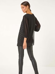 Roman Black Pleated Sleeve Hotfix Detail Top - Image 3 of 5