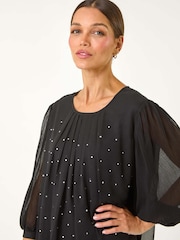 Roman Black Pleated Sleeve Hotfix Detail Top - Image 4 of 5