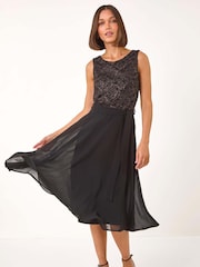 Roman Metallic Lace Bodice Knee Length Dress - Image 1 of 5