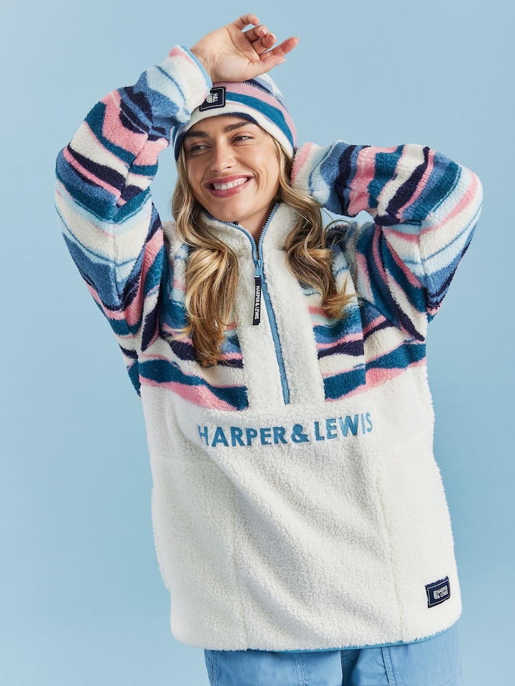 Harper & Lewis Cream Cream Leyna Retro Pattern Quarter Zip Sherpa Fleece - Image 1 of 10