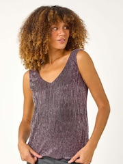 Roman Pink V-Neck Metallic Spot Plisse Vest Top - Image 1 of 5