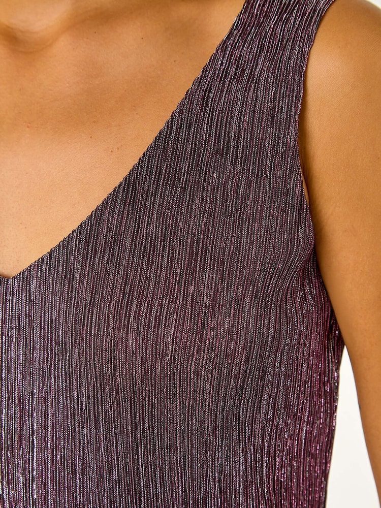 Roman Pink V-Neck Metallic Spot Plisse Vest Top - Image 5 of 5