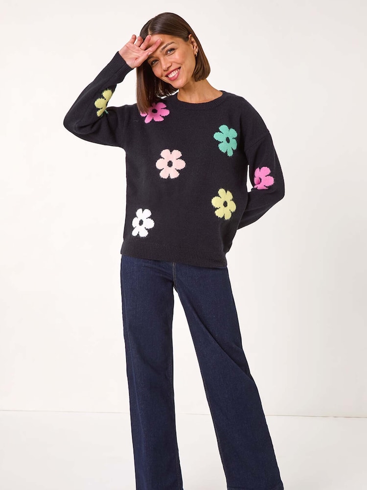 Roman Black Floral Print Jacquard Knit Jumper - Image 2 of 5