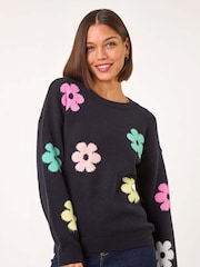 Roman Black Floral Print Jacquard Knit Jumper - Image 4 of 5